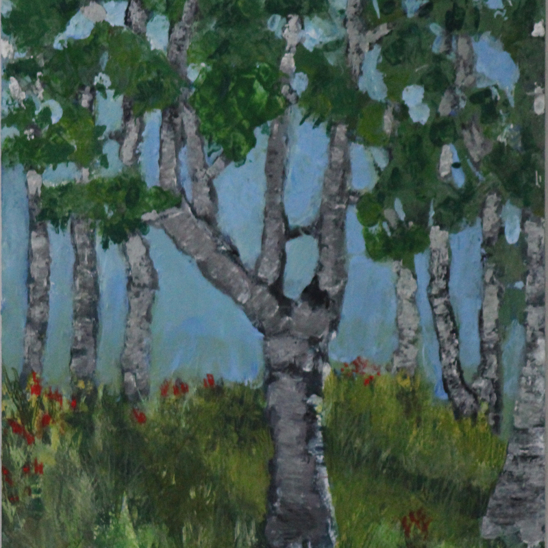 8. Untitled: a stand of birch trees on a slight rise in the summer. It is a bright day. #New beginnings #Rebirth #Transformation. 12 inches by 18 inches. Acrylic on watercolor paper. $200