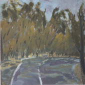 5. After the Rain on Greenwich: a two-lane road curves around, trees lining the left curve and into the horizon. It could be spring, or it could be autumn. #Sadness #Obstacles #Loneliness. 12 inches by 16 inches. Acrylic on watercolor paper. $200
