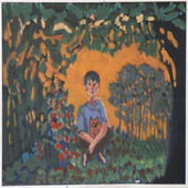 4. Orenda: a person sits amid trees and flowers. The sun is either rising or setting, it is orange. An owl nestles under the arm of the person. #Alchemy, #Connection, #Belonging. 12 inches by 18 inches. Acrylic on watercolor paper.